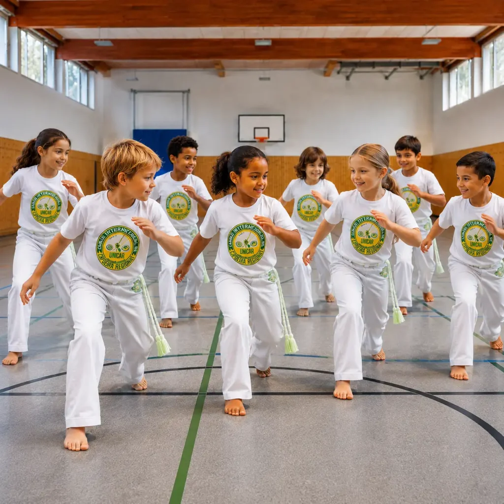 Capoeiratraining für Kinder in moderner Sporthalle bei UNICAR Berlin