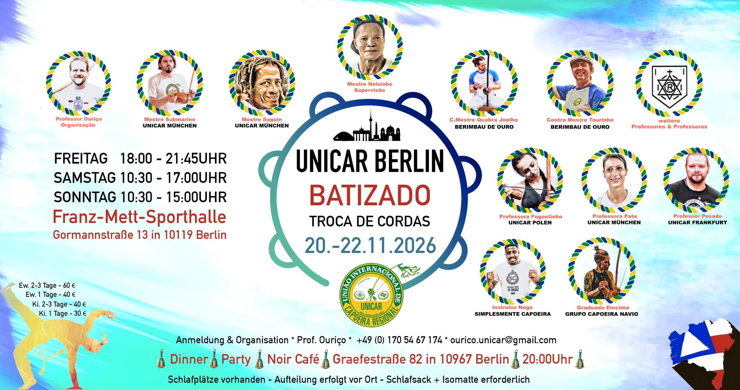 Flyer zum UNICAR Capoeira Workshop mit Batizado und Troca de Cordas vom 20. bis 22. November 2026 in Berlin